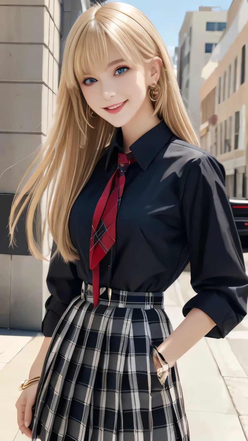 (masterpiece), realistic, photograph of a Cute and stunning beautiful female vampire girl, red eyes, Highest quality, One girl, bangs, black tie, (Blonde:1.2), blue skirt, bracelet, collared shirt, dress shirt, ear Earrings, Eyebrows visible through hair, Gradient Hair, Grin, Improve, jewelry, Long Hair, View your viewers, loose tie, tie, Earrings, Plaid, Plaid skirt, pleated skirt, (red eyes:1.2), ring, , shirt, skirt, smile, alone, white shirt, accessories, Majestic, Coiled, The surrounding area, scene, to attract attention, title, stylish, impressive, Modern, trend, concentrated, fashion