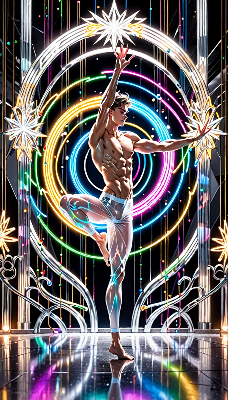 (Highest quality:1.2),One man,alone,Are standing_Split,whole body, Photo of a Japanese man in his 20s made of shiny white and silver translucent glass and plastic,Muscular and shirtless, Silver metal interior, Dynamic pose, Flow organic structure, A sparkling golden circuit, colorful Neon decoration, Ball of Light, Illumination, Illumination回路, Neon decoration, Depth of Field Focus F/2.8, H&#39;art.right.