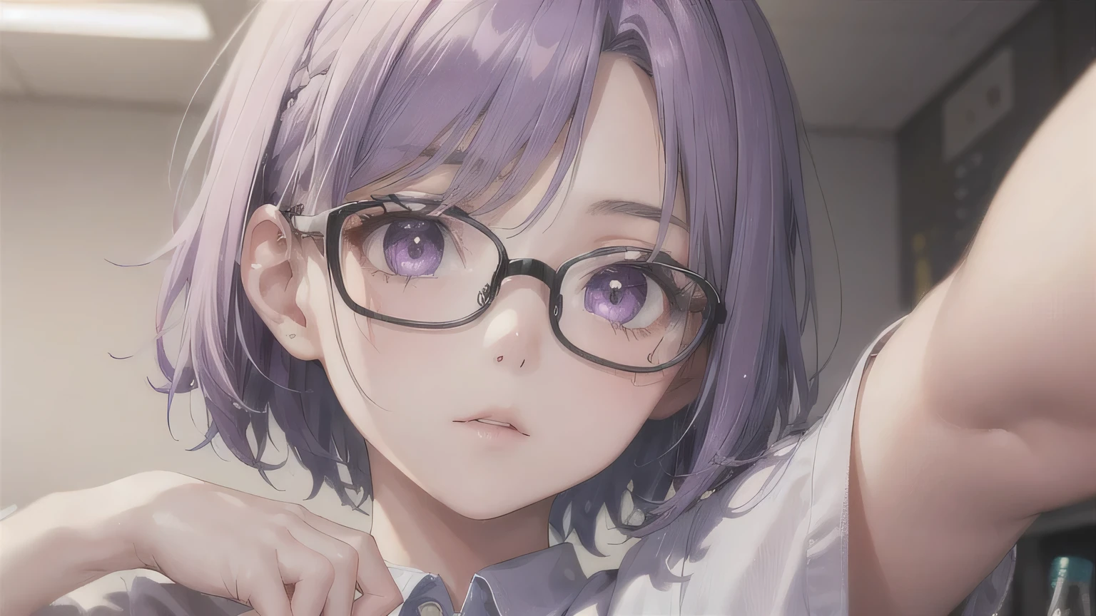 One Girl,20-year-old,Beautiful Face,Upper Body,Light purple hair、short hair、center part、Sharp focus,shirt、White、Expressionless、Purple Eyes、Glasses、Laboratory
