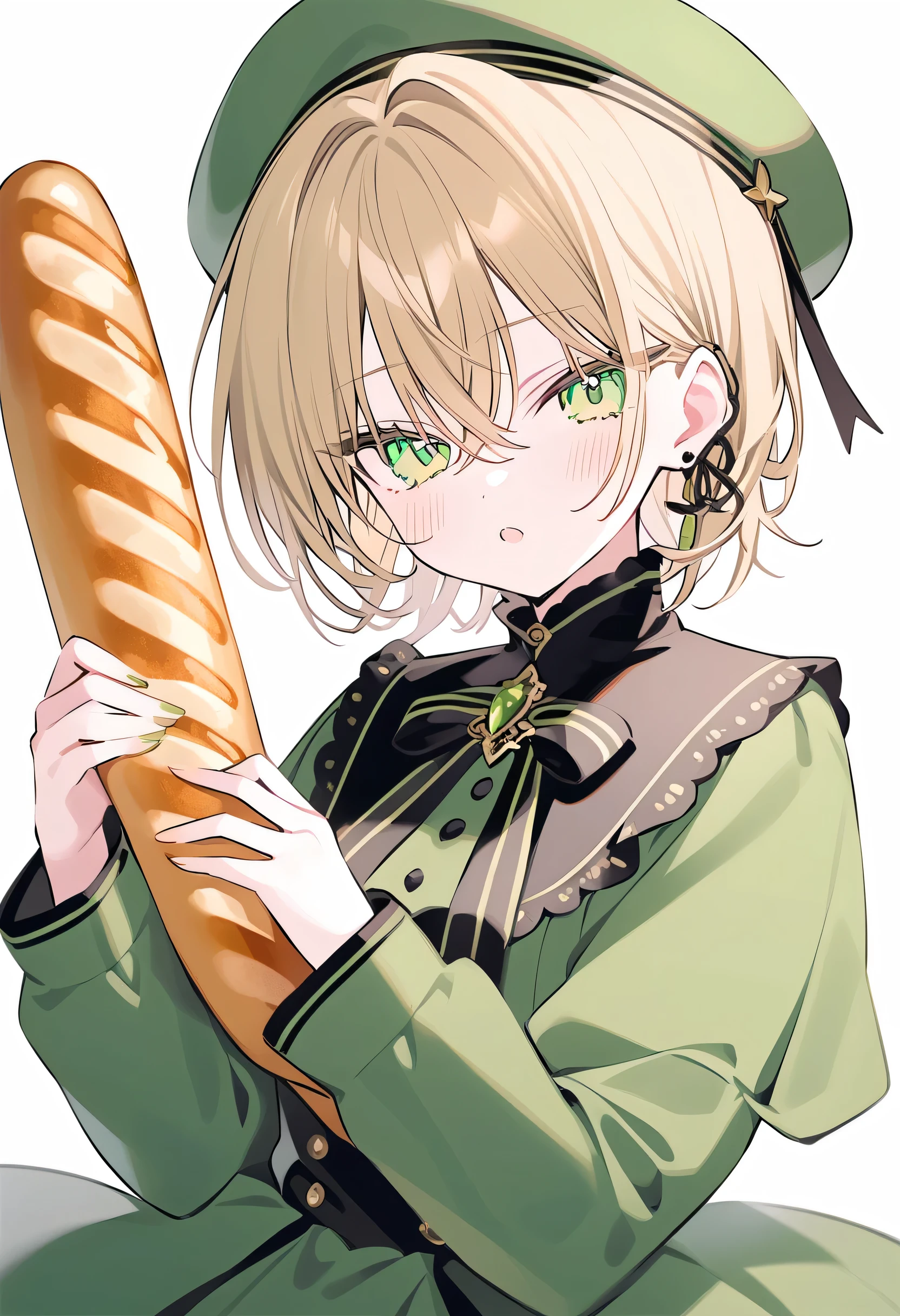 rurudo, 1girl, solo, blonde hair, green eyes, eat baguette, Beret hat, green french uniform