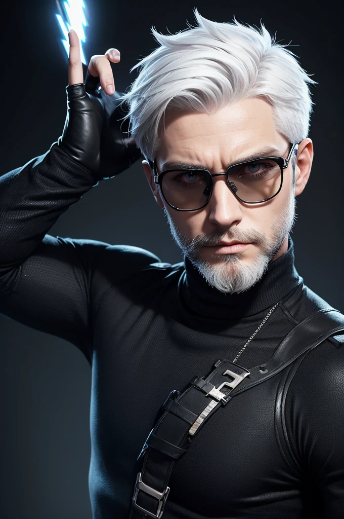 Free fire male gamer character, with white hair, pointy, with a pair of glasses, and a beard, with a black turtleneck shirt written "JT_FXP.19, with black background with lightning