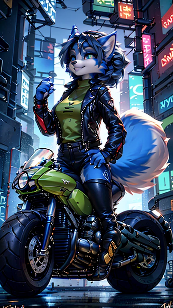 A beautiful and detailed (sweet portrait) wa ((Krystal)), Star Fox Krystal, sslim, lovable, green eyes, medium breasts, (((Long blue hair 1.3))),  ((black hair tips)), Decollete, grin, look up,, anthro, furry, Uploaded E621, detailed fluffy fur, (wa Fluff-Kevlar, Bayard Wu, Personalami, Pino Daeni), detailed face, (fluffy), 1 girl, alone, sweet girl, leather jacket, Rides motorcycle, executive station wagon, protective clothing, Cyberpunk City, chopper motorcycle, driving, dynamic
