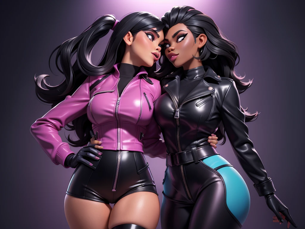 obra prima, melhor qualidade, ((kourtney kardashian, dark skin, straight black hair,)) head back, sassy wicked sultry, open mouth, pucker mouth, big teeth smile, shiny periwinkle lipstick, sunglasses, ((thick smoky black eye shadow, long fake eyelashes, sticking tongue out,)) (cerulean blue leather jacket with puff shoulder,) biker jacket has stiff collar, leather blouse, ((magenta pvc shorts, pockets, unzipped front,)) studs zippers snaps, shiny leather gloves, nip slip, body is skinny, laying down hugging each other on sofa, shiny tight buttocks, arched back, mashing breasts, ((passionate kissing, pelvis grinding,)) camera view of whole body, looking up at me, shallow depth of field, highres, HD, 8k, anatomically correct