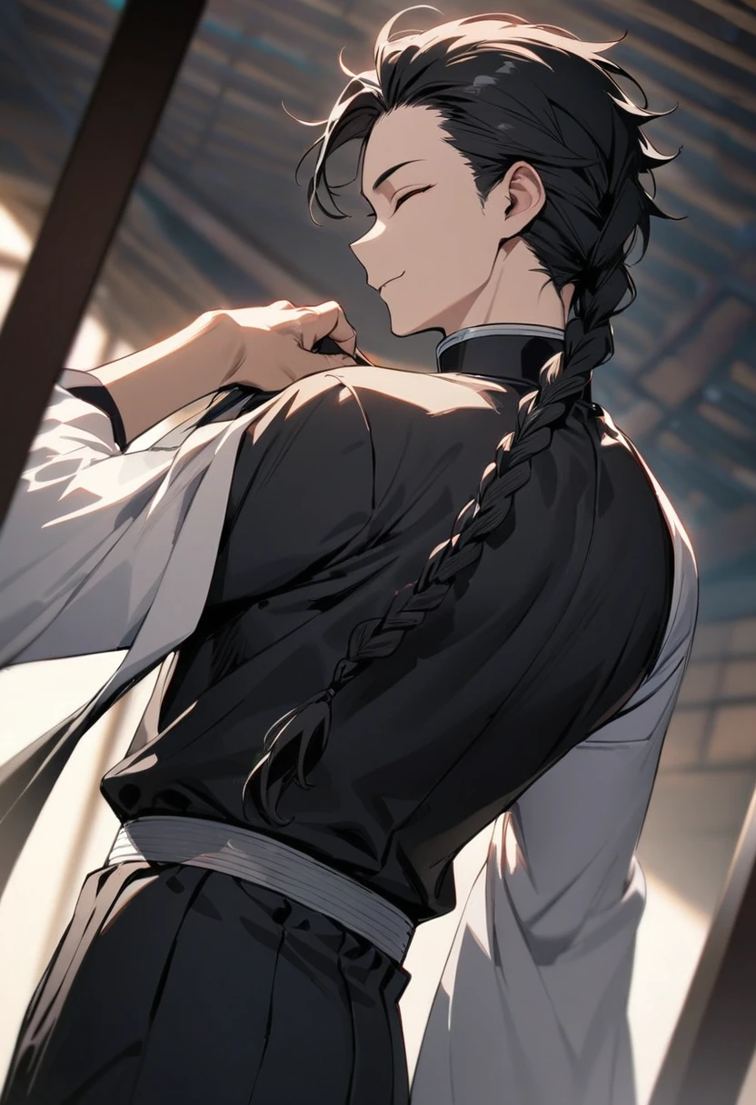 One man, human, fair skin, eyes closed, braids tied in a single strand at the back, shirt, Demon Slayer uniform, masterpiece, top quality