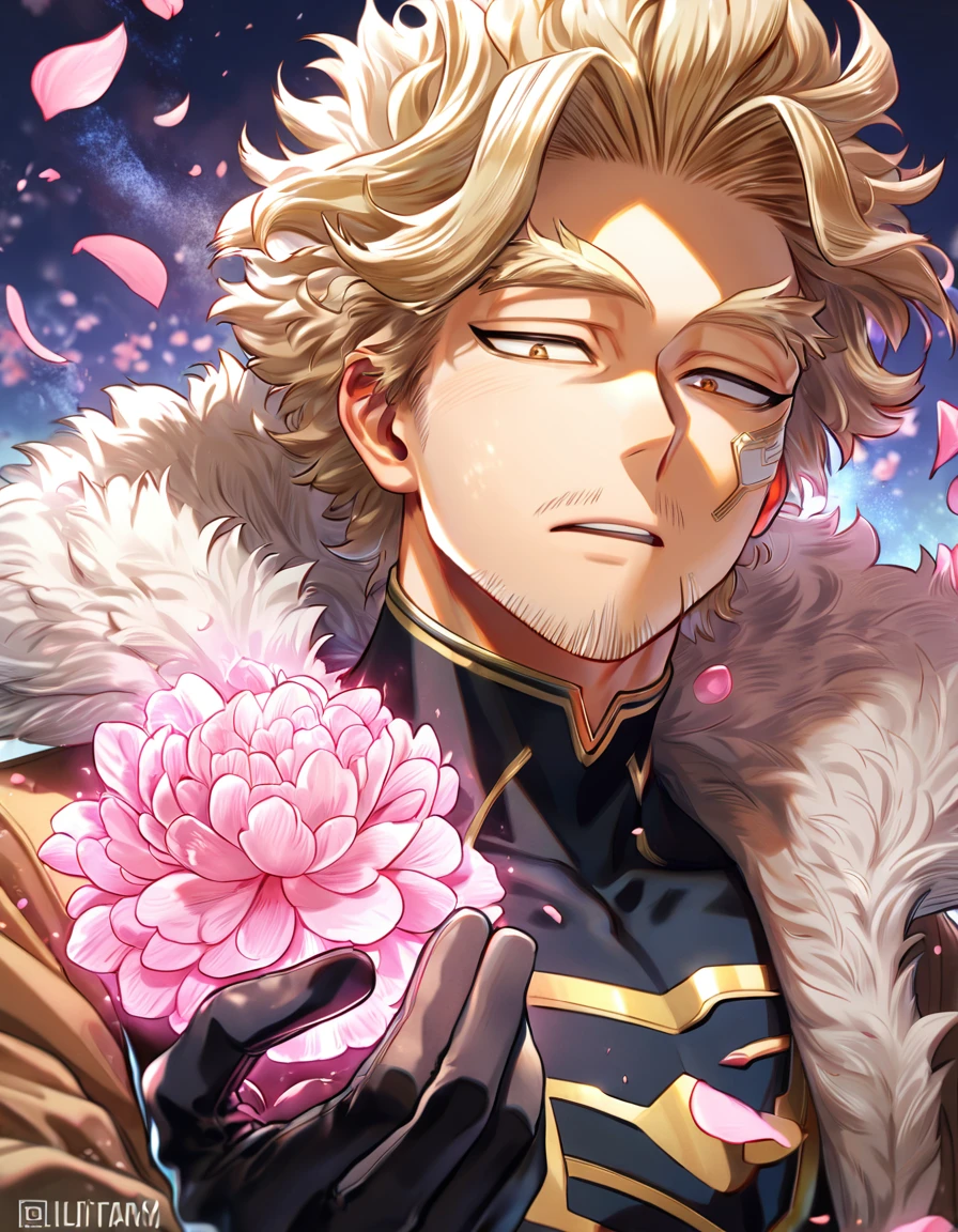 absurdres, highres, ultra detailed, HDR, master piece, best quality, delicated features, Hawks, ash blond hair, expressive brown eyes, Boku No Hero Academia, solo, y man, handsome, faint beard, brown jacket with fur, black tight shirt, black gloves, blossoms, pink flowers, pink petals, fantasy, magic, radiant
