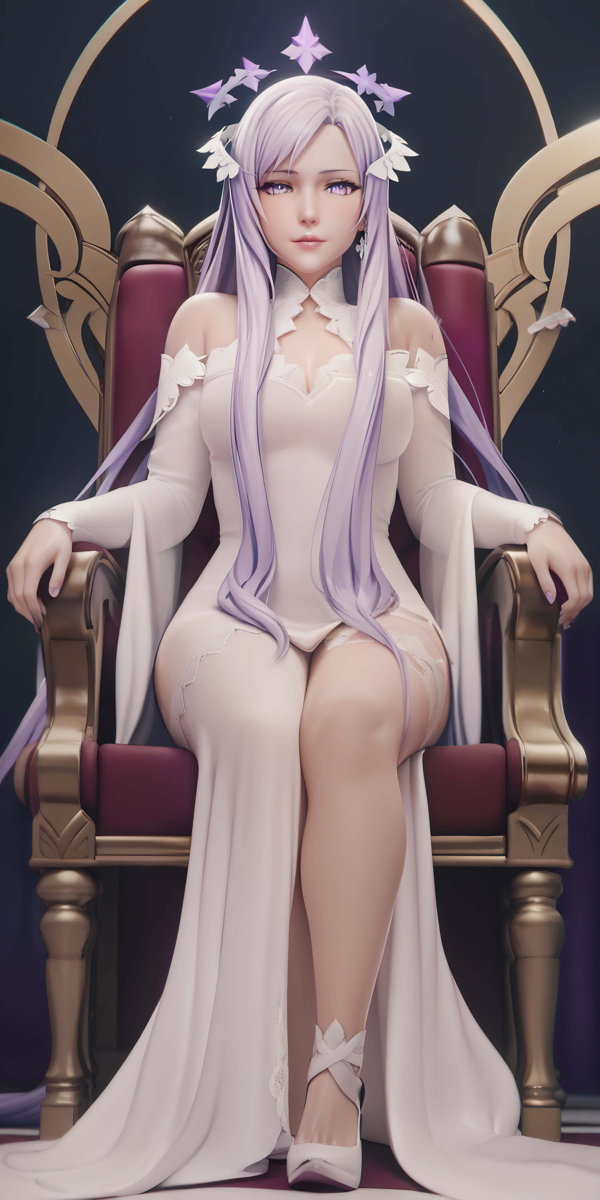 score_9, score_8_up, score_7_up, score_6_up, uncensored, quinella, absurdly long hair, purple eyes, long hair, parted bangs, purple hair, very long hair, hair ornament, horny face, blush face, lips, naughty face, sweating, steaming body, curvy, voluptuous, 1girl, sitting, solo, jewelry, earrings, throne, dress, full_body, bare_shoulders, looking_at_viewer, crown, breasts, white_dress, simple_background, glowing eyes, 