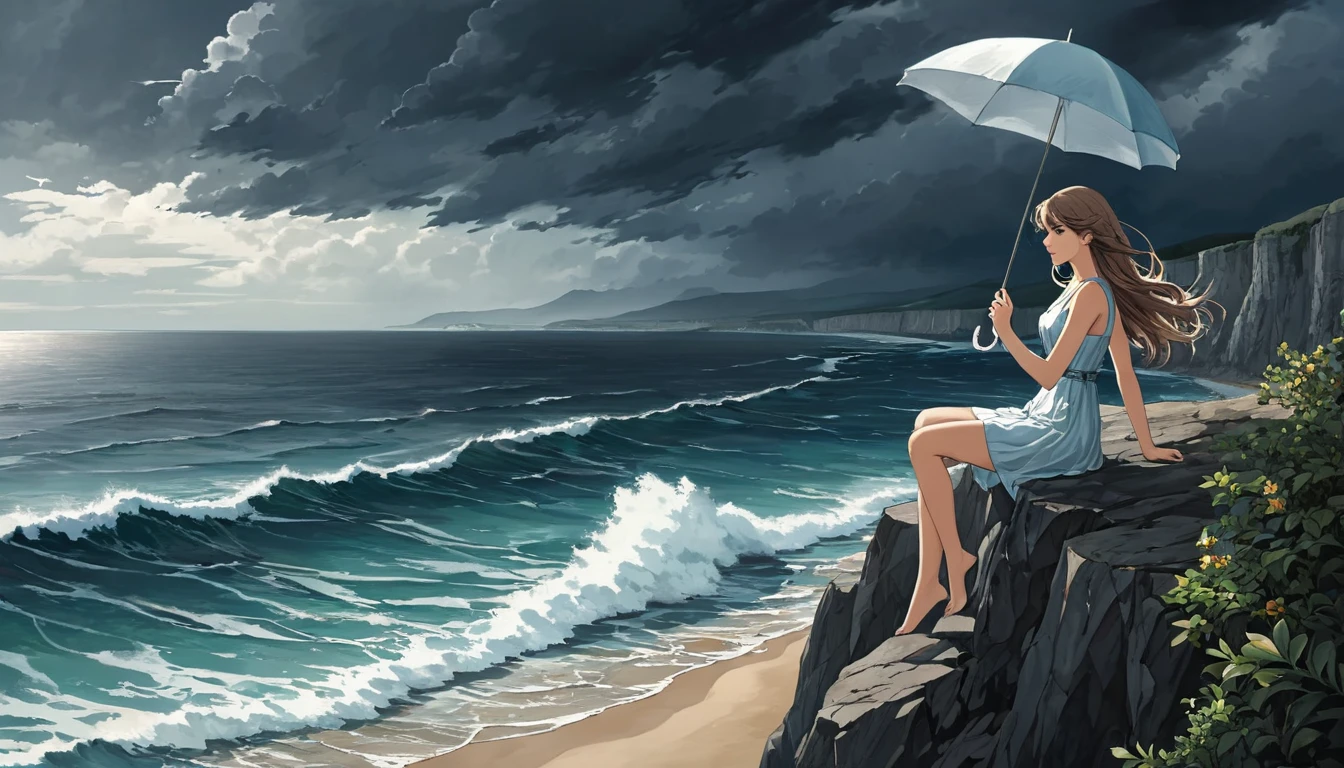 Sea with waves. A sky with dark clouds. A beautiful beach with cliffs. The girl sits precariously on a high cliff with an umbrella. Her girl's hair blows in the wind. Five pretty fingers.