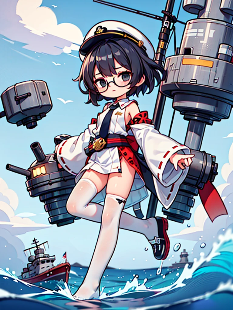 ((((Full body of a woman with perfect flat chest、solo、Short unkempt black hair、Tie your messy hair at the nape of your neck、white military jacket、Miko costume、tights、Black glasses、White military cap、Cloudy black eyes、Sleepy expression)))), (((masterpiece))), (((Shipgirl))), ((Floating on the morning sea with both feet)), (Spread your legs wide open), (Hold the turret with your right hand), (Mechanical arms extending from the waist are used to equip the ship with battleship equipment.), (Equipped with a turret on the back), (Holds the turret with his left arm), Shotgun shells are attached to the thigh with a belt, Spreading the Machine's Wings, Machine tail, shotgun,