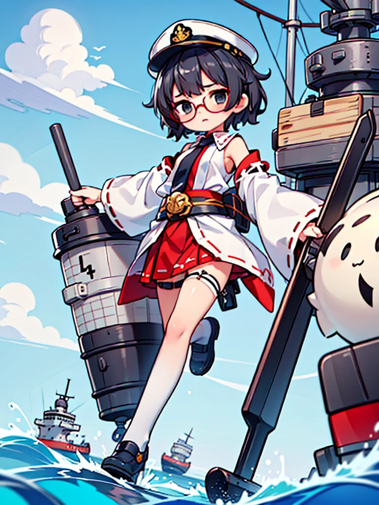 ((((Full body of a woman with perfect flat chest、solo、Short unkempt black hair、Tie your messy hair at the nape of your neck、white military jacket、Miko costume、tights、Black glasses、White military cap、Cloudy black eyes、Sleepy expression)))), (((masterpiece))), (((Shipgirl))), ((Floating on the morning sea with both feet)), (Spread your legs wide open), (Hold the turret with your right hand), (Mechanical arms extending from the waist are used to equip the ship with battleship equipment.), (Equipped with a turret on the back), (Holds the turret with his left arm), Shotgun shells are attached to the thigh with a belt, Spreading the Machine's Wings, Machine tail, shotgun,