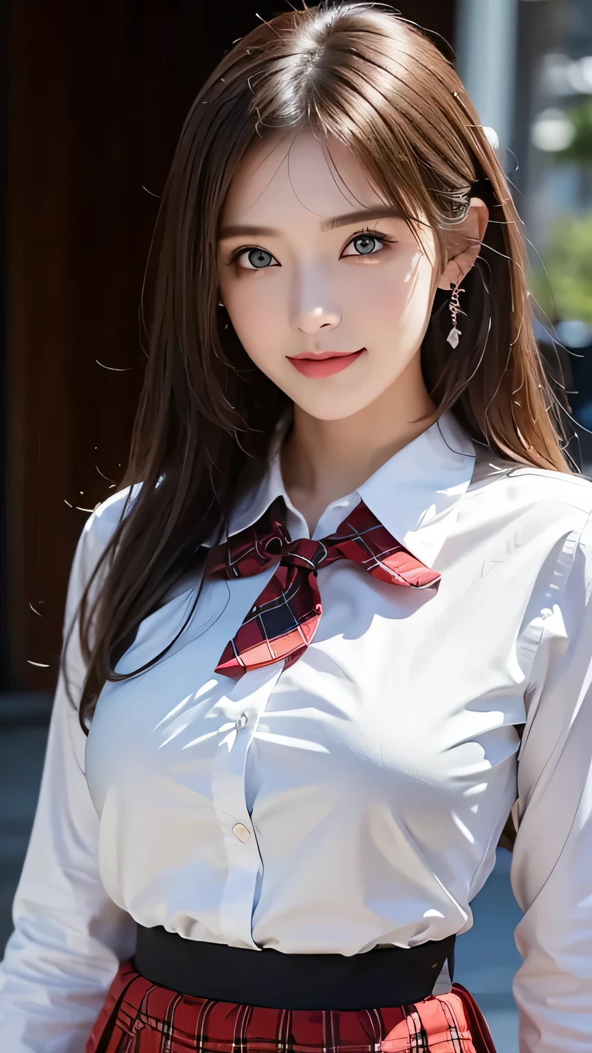 (masterpiece), realistic, photograph of a Cute and stunning beautiful female vampire girl, red eyes, Highest quality, One girl, bangs, black tie, (Blonde:1.2), blue skirt, bracelet, collared shirt, dress shirt, ear Earrings, Eyebrows visible through hair, Gradient Hair, Grin, Improve, jewelry, Long Hair, View your viewers, loose tie, tie, Earrings, Plaid, Plaid skirt, pleated skirt, (red eyes:1.2), ring, , shirt, skirt, smile, alone, white shirt, accessories, Majestic, Coiled, The surrounding area, scene, to attract attention, title, stylish, impressive, Modern, trend, concentrated, fashion