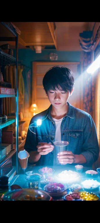 A man trying to see through spirits、Colorful Room、Mysterious Light、high resolution