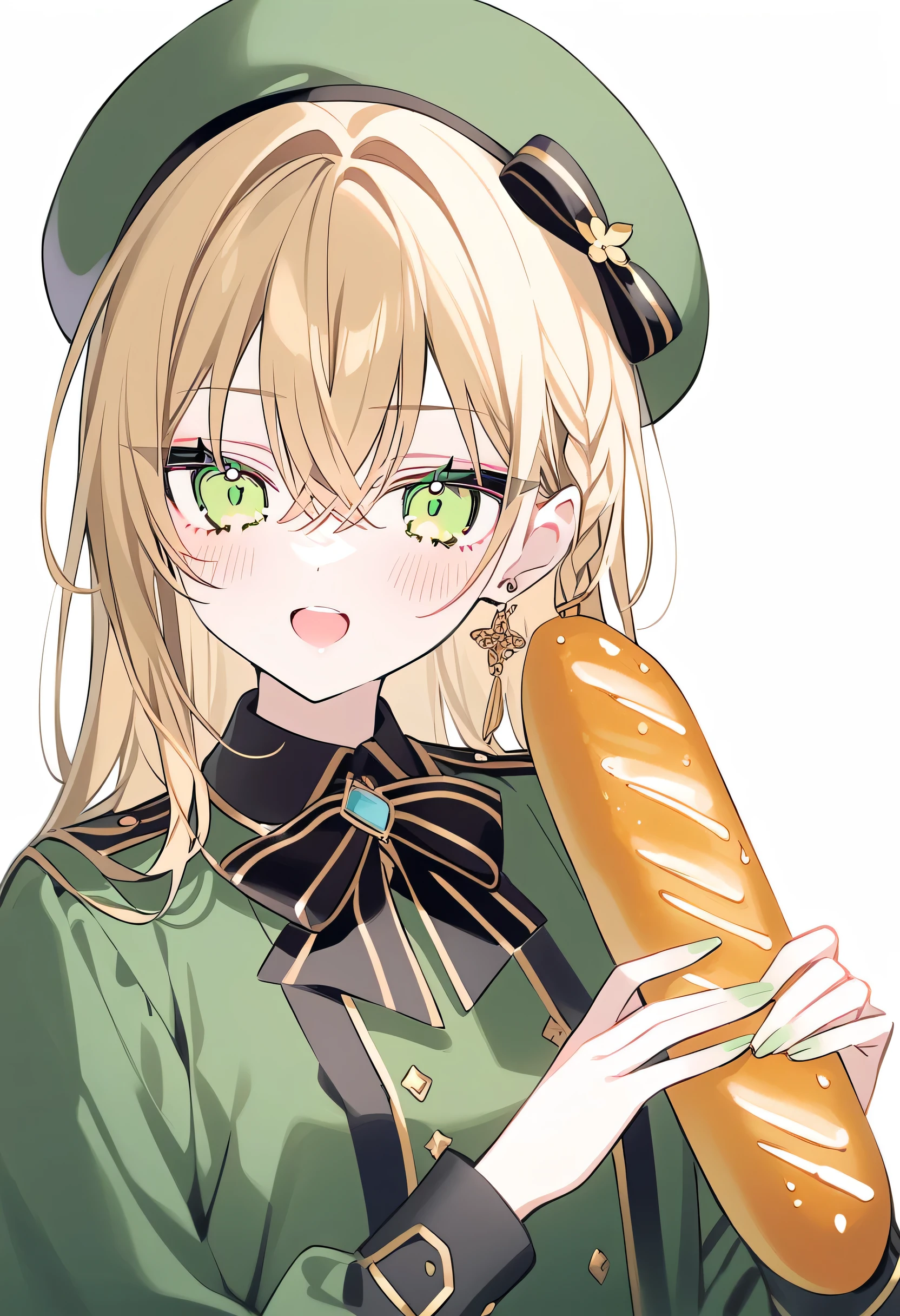 rurudo, 1girl,  solo,  blonde hair, green eyes, eat baguette, Beret hat, green french uniform