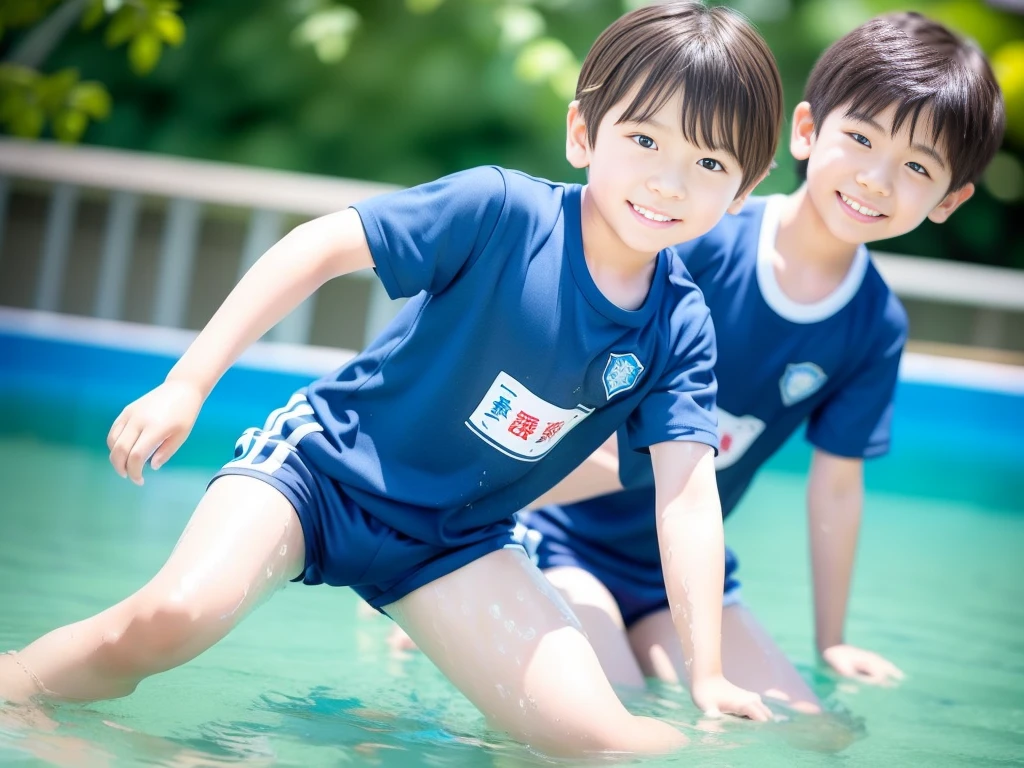 夏休みのprimary school校、Pool、primary school5Grade、Japan Boy、The water feels good、A good boy dripping with water、hot day、Two Boys、Various poses、Short sleeve gym uniform、Blue shorts、physical education、barefoot,(Boy 1.4)、Boys only 、(10Age 1.4)