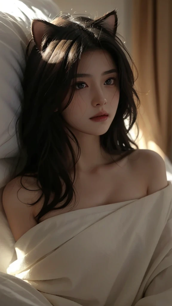 best quality,masterpiece,Ultra-high resolution,original photo, Cat ears,Lovely,In the light,Deep Shadows,Low profile,Cold Light,Sexy look,Long hair,((best quality: 1.5)) ((masterpiece: 0.8)), Intricate details, Be focused, professional, real life, Real facial expressions, Dynamic poses, ((([Large Breasts:0.8])))),Lying in bed,
