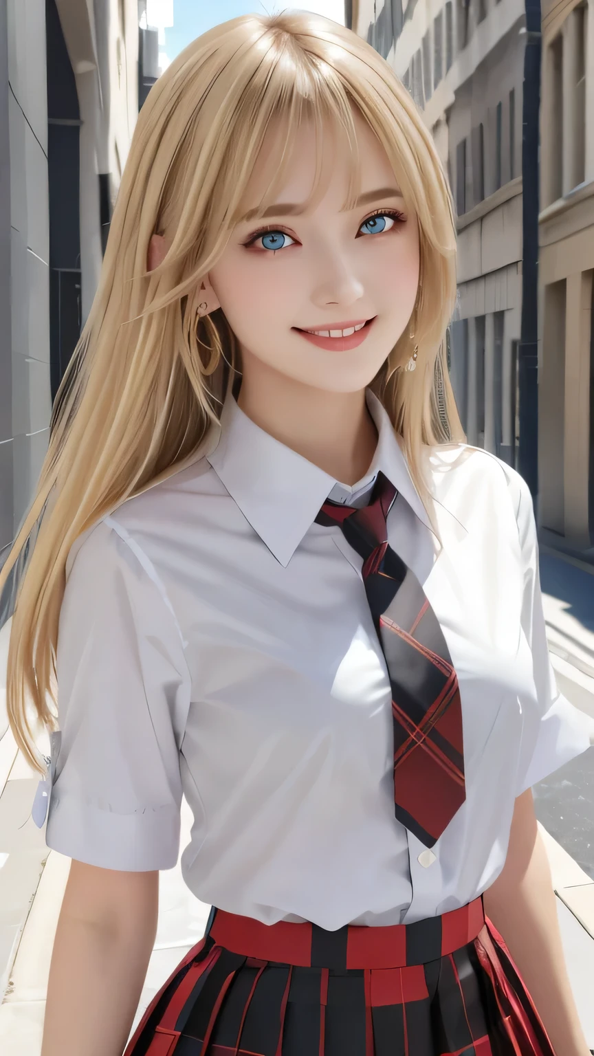 (masterpiece), realistic, photograph of a Cute and stunning beautiful female vampire girl, red eyes, Highest quality, One girl, bangs, black tie, (Blonde:1.2), blue skirt, bracelet, collared shirt, dress shirt, ear Earrings, Eyebrows visible through hair, Gradient Hair, Grin, Improve, jewelry, Long Hair, View your viewers, loose tie, tie, Earrings, Plaid, Plaid skirt, pleated skirt, (red eyes:1.2), ring, , shirt, skirt, smile, alone, white shirt, accessories, Majestic, Coiled, The surrounding area, scene, to attract attention, title, stylish, impressive, Modern, trend, concentrated, fashion