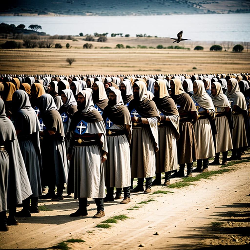 ((best quality)), ((Masterpiece)), (details), Religious War, Knight Templar Army, 100 people, view, bird's eye view