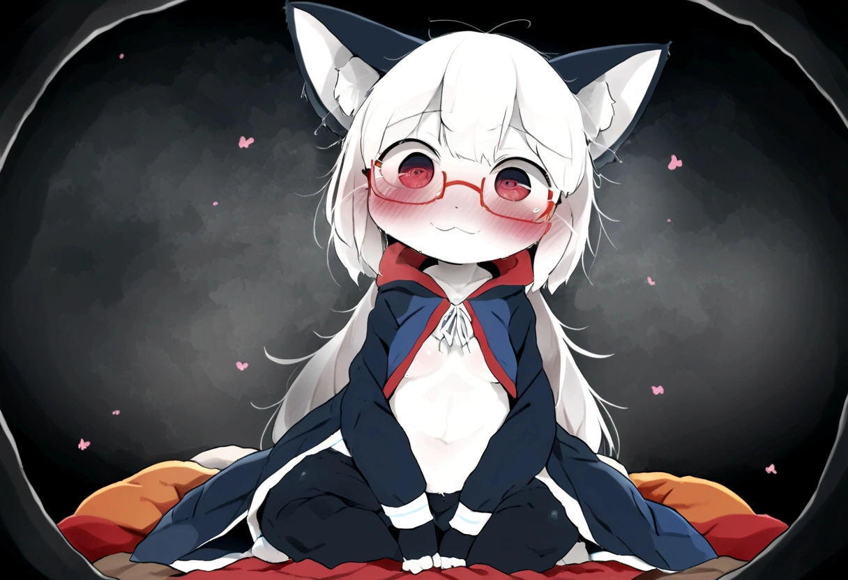 Solo, score_9,score_8_up,score_7_up, a young nerdy Anthro furry wolf woman, white furry body, tall, long black messy hair, hair covering one eye, long bangs, long black hair, blue eyes, black glasses, small breasts, white wolf tail, wearing red tank top, bored expression, sitting on a gamer ch air, legs crossed, barefoot, 4 toes