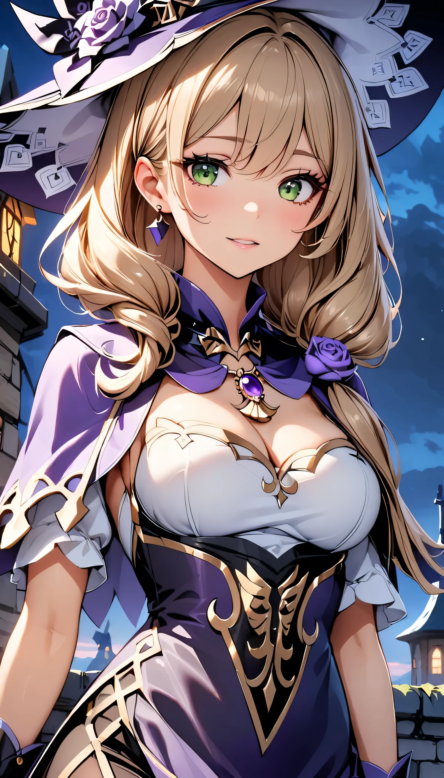 Beautiful girl, Perfect Face, Arms at your sides, masterpiece, Ultra-high resolution, high quality, 4K, Upper Body:1.5,  Lisa (Genshin Impact), urple witch hat, Green Eyes, Brown Hair,  bangs, dress, Rose, jewelry, witch, Capelet, Purple hat, Black gloves, Purple Flower, Hair between the eyes, purple Rose, Part your lips, purple Capelet, Hat Flower, multicolored dress, hair ornaments,  windmill, From the side,