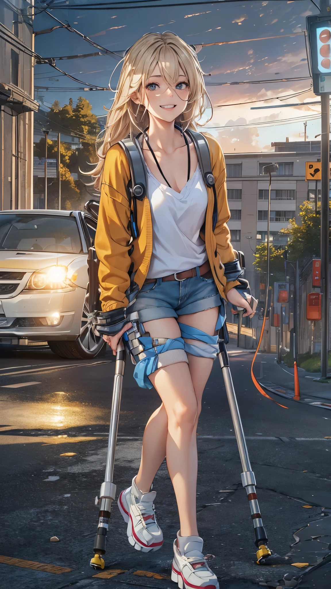 (Very detailed, Realistic), Cityscape, [moderately:Oil], [Professional:1.1], [Physically Based Rendering], [Bright colors], [Sharp focus], [Studio Lighting], [Extreme Detail], [Highest quality,4K,8K,High resolution,masterpiece:1.2],(Detailed face),((inside the hospital)),((One 18-year-old woman)),(Blonde unkempt hair),(dark),(it hurts),(Scary),(grin),[Nervous eyes],((her legs are very thin)),((She walks with crutches,Crutch length from armpit,Crutches are at her side)),((she leans on her crutches)),((she’s putting on her legs in cast)),((leg braces)),((leg braces)),((she’s wheelchair user)),((she’s wheelchair user)),((Her feet are turned inwards)),(street casual fashion,cold shoulder tops,shorts,loose socks),((lace-up-boots)),(gloves,Knee pads),.
