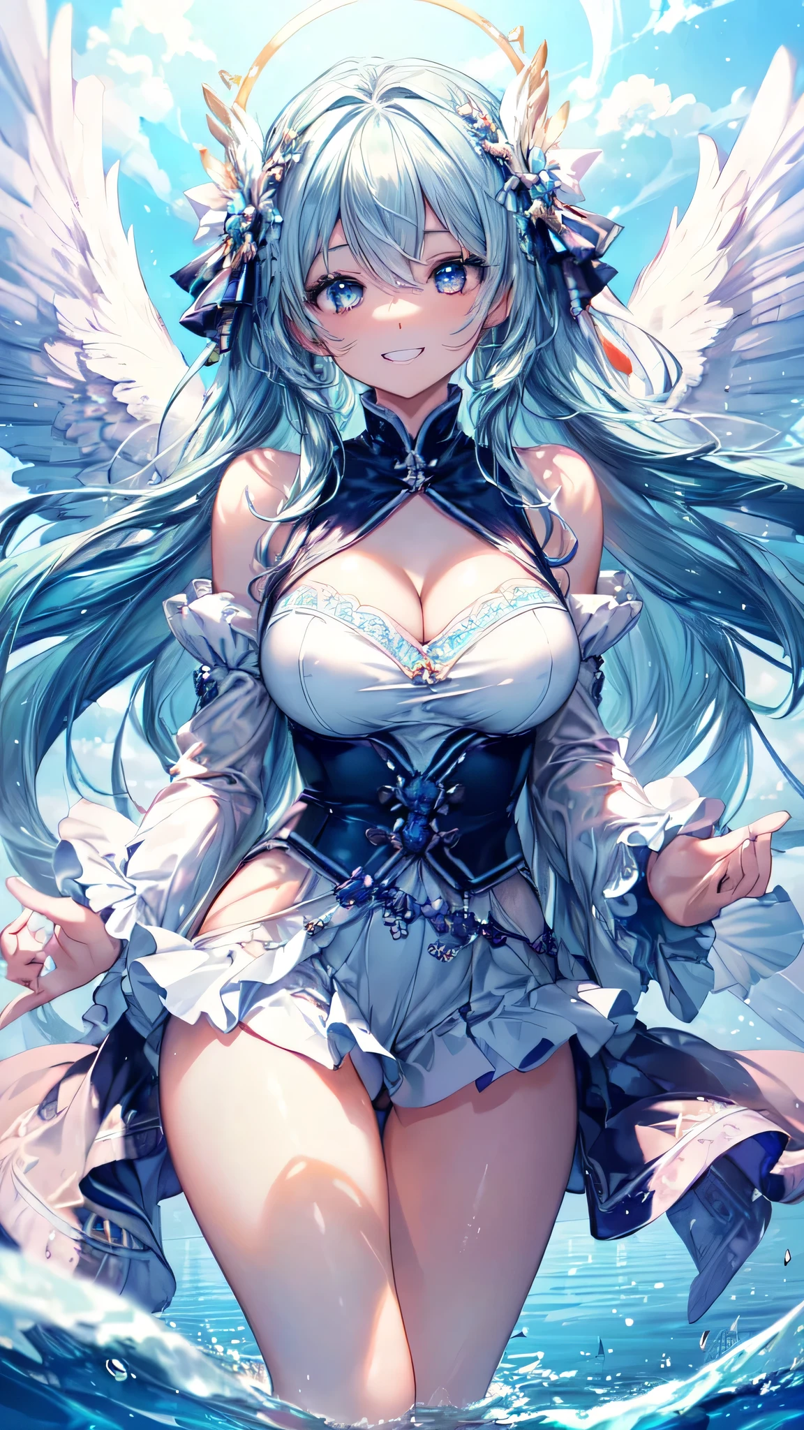 ((masterpiece, sidelighting, finely detailed beautiful eyes: 1.2)), ultra-detailed, ultra high res, professional lighting, beautiful blue sky, high quality makeup, beautiful detailed eyes, sexy, beautiful, big eyes, (drooping eye:1.3), (seraph), solo, alone, slender body, (Circle of Angels:1.2), (Angel Wings:1.3), (Floating in the sky:1.4), blue sapphire eyes, wide sleeves, outdoors, highest quality, ultra detailed, Soft light, (rime:1.3), Extremely cute, (extremely detailed beautiful face), Authentic skin texture, beautiful hair, beautiful face, beautiful eyes, beautiful body, beautiful hands, (grin smile:1.6), (face focus, cleavage breasts focus, thigh focus:1.4)
