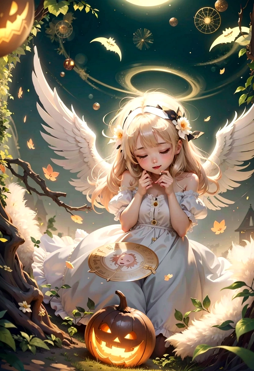 Angelic羽を持つアニメの女の子が森の中でカボチャを持ってひざまずいている, of an beautiful Angelic少女, of Beautiful angel, Angelic少女, Beautiful angel, guweiz on pixiv artstation, Angelic halo, anime art wallpaper 4k, anime art wallpaper 4k, Guweiz on ArtStation Pixiv, Anime Art Wallpapers 8K, Angelic