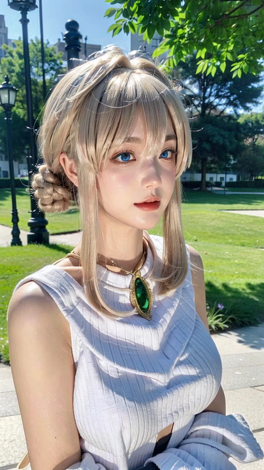 ((best quality)), ((masterpiece)), (detailed), perfect face, pretty face, beautiful female, beautiful body, e cup breast, perfect body, head accessories, sleeveless sweater, blue eyes, violet_evergarden, at the park