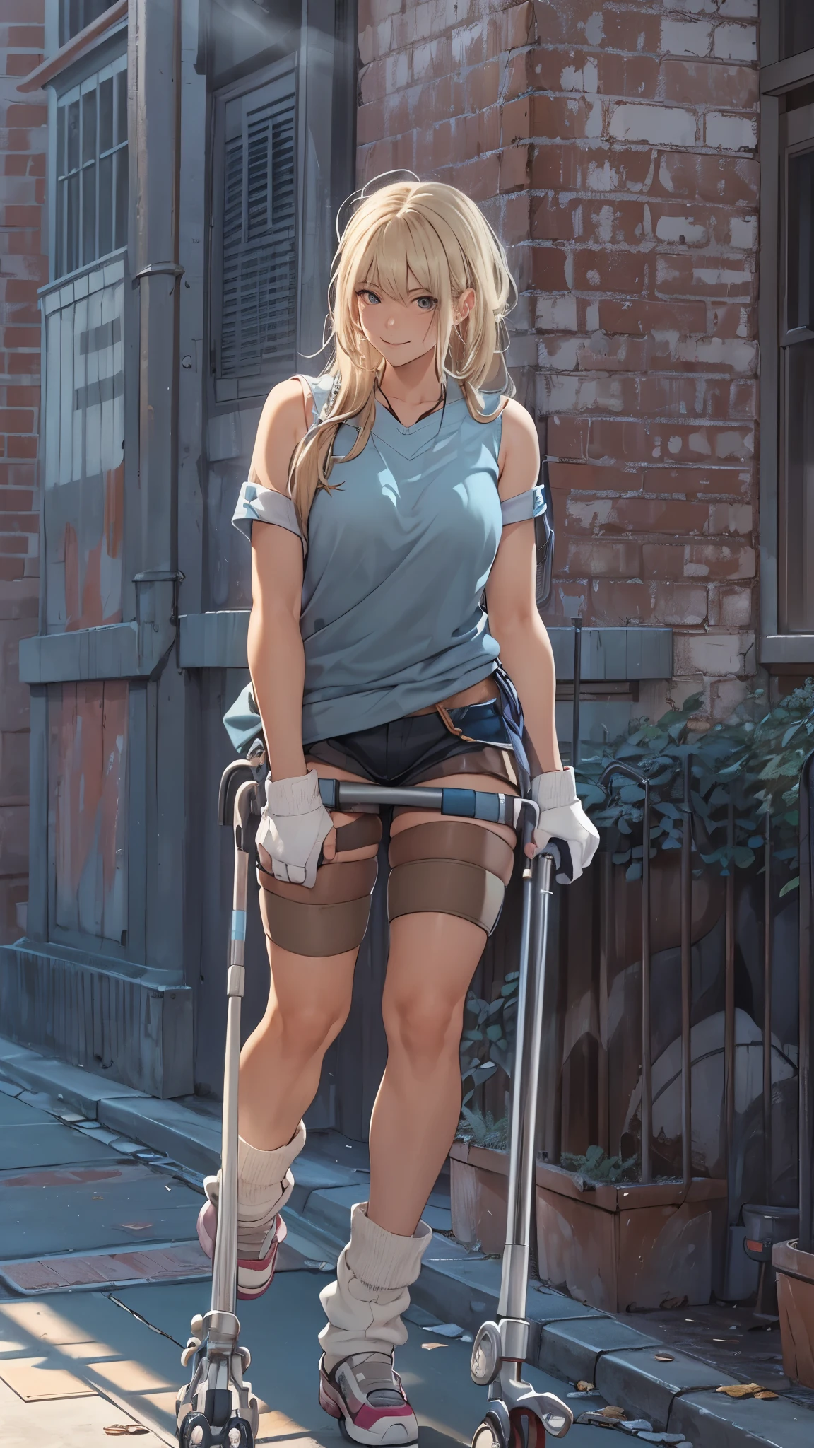 (Very detailed, Realistic), Cityscape, [moderately:Oil], [Professional:1.1], [Physically Based Rendering], [Bright colors], [Sharp focus], [Studio Lighting], [Extreme Detail], [Highest quality,4K,8K,High resolution,masterpiece:1.2],(Detailed face),((inside the hospital)),((One 18-year-old woman)),(Blonde unkempt hair),(dark),(it hurts),(Scary),(grin),[Nervous eyes],((her legs are very thin)),((She walks with crutches,Crutch length from armpit,Crutches are at her side)),((she leans on her crutches)),((she’s putting on her legs in cast)),((leg braces)),((leg braces)),((she’s wheelchair user)),((she’s wheelchair user)),((Her feet are turned inwards)),(street casual fashion,cold shoulder tops,shorts,loose socks),((lace-up-boots)),(gloves,Knee pads),.
