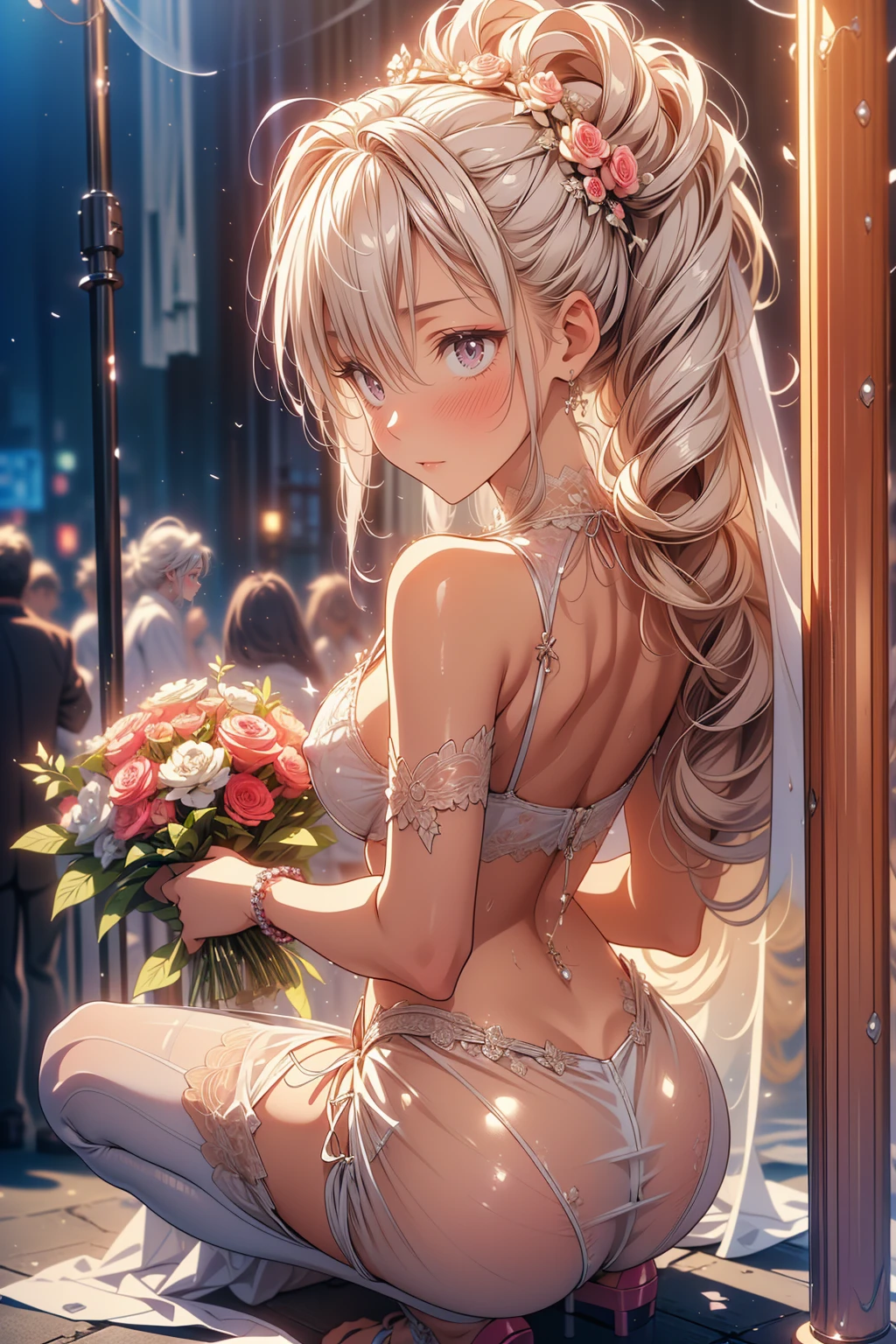 ((hair over one eye)),twintails,pink hair, ((Embarrassed)),1woman, (((stripper_girl, squatting in front of stripper pole))), (white wedding dress, short, Open belly, wedding veil, wedding ball jointed doll,), Lace white lingerie, woman, sweating, big breasts, stand out , beautiful face, fine eyes, earring, navel piercing, body chain, ring, (masterpiece), (Highly detailed CG Unity 8K wallpaper), highest quality, detailed background, (strip_club_venue:1.6, stripper pole in foreground, バックグラウンドでポールダンスをするwoman, moody background, dark background, アンダーグラウンドclub, crowd watching)(((transparency))), (((buttocks visible under translucent fabric))), breasts small, nipples, athletic body, red lips, (((transparency on the buttocks)))