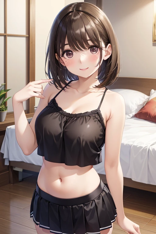 
anegasaki nene、Shiny brown hair, short hair, Beautiful brown eyes、smile、Sparkling eyes, (Fine grain)、Ultra-detailed eyes、Highly detailed face, Highly detailed eyes,

(masterpiece, Highest quality:1.2), SFW,  One girl, belly button, short hair, smile, View your viewers, Crop Camisole, mini skirt, Pokies,
