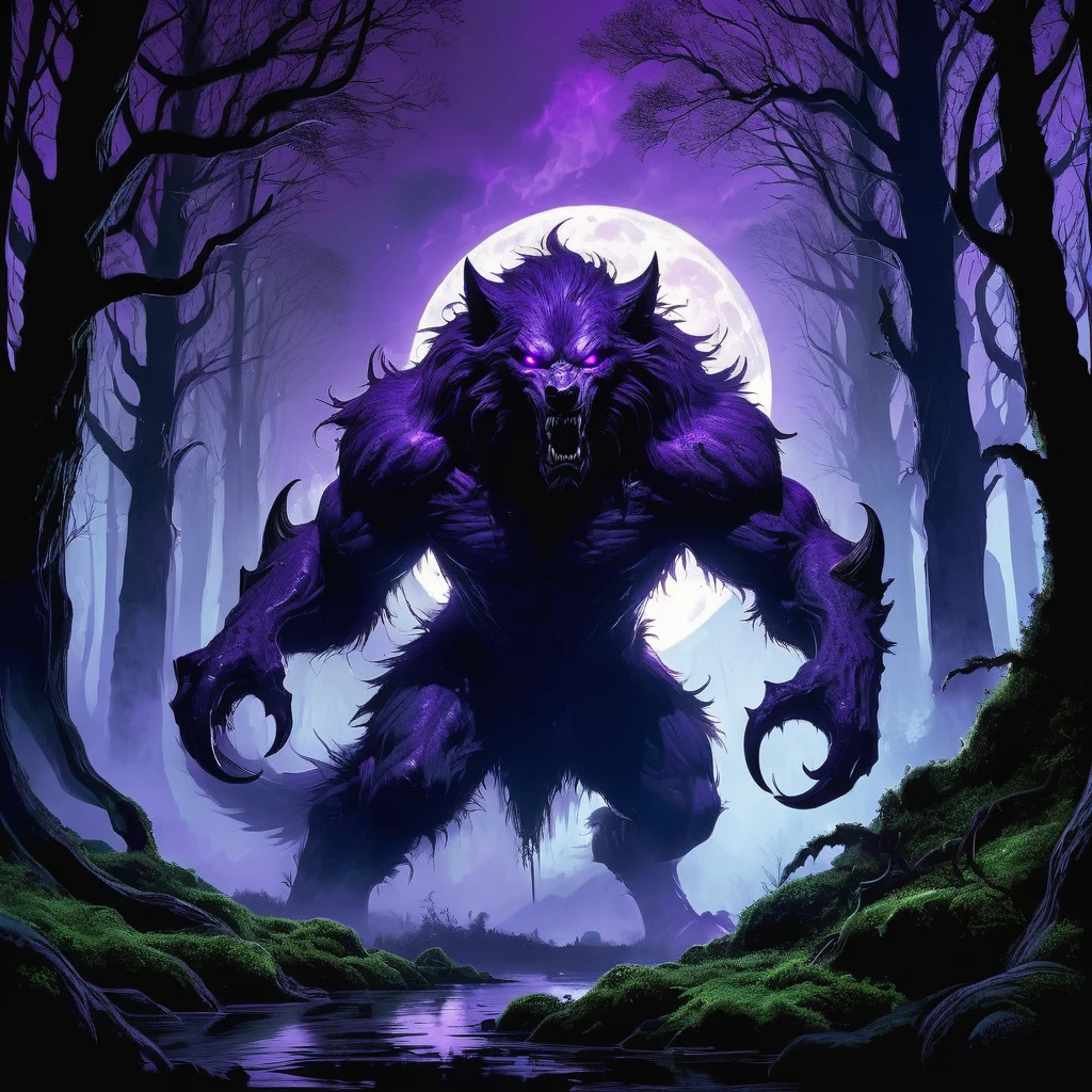 Visualize a werewolf lurking in the shadows of a medieval dark fantasy realm, its fur a deep, eerie shade of purple that seems to absorb light rather than reflect it. The werewolf's eyes gleam with a malevolent purple aura, glowing faintly in the darkness as it prowls through dense, twisted forests where gnarled trees loom like silent sentinels.

Its form is massive and powerful, muscles rippling beneath its fur-covered frame, hinting at the deadly strength and agility that lies within. Long claws extend from its paw-like hands, glinting ominously in the moonlight that filters through the canopy above. Fangs protrude from its snarling maw, dripping with saliva that glistens with a faint purple hue.

Around the werewolf, the air is heavy with the scent of damp earth and the sharp tang of coppery blood, mingling with the haunting melodies of nocturnal creatures that echo through the darkness. Moonbeams cast surreal patterns on the forest floor, illuminating patches of eerie bioluminescent fungi and ancient, moss-covered ruins.

Capture the savage and mysterious allure of this werewolf with a dark fantasy purple aura, embodying the primal instincts and feral nature that roam the medieval dark fantasy realm under the veil of night.