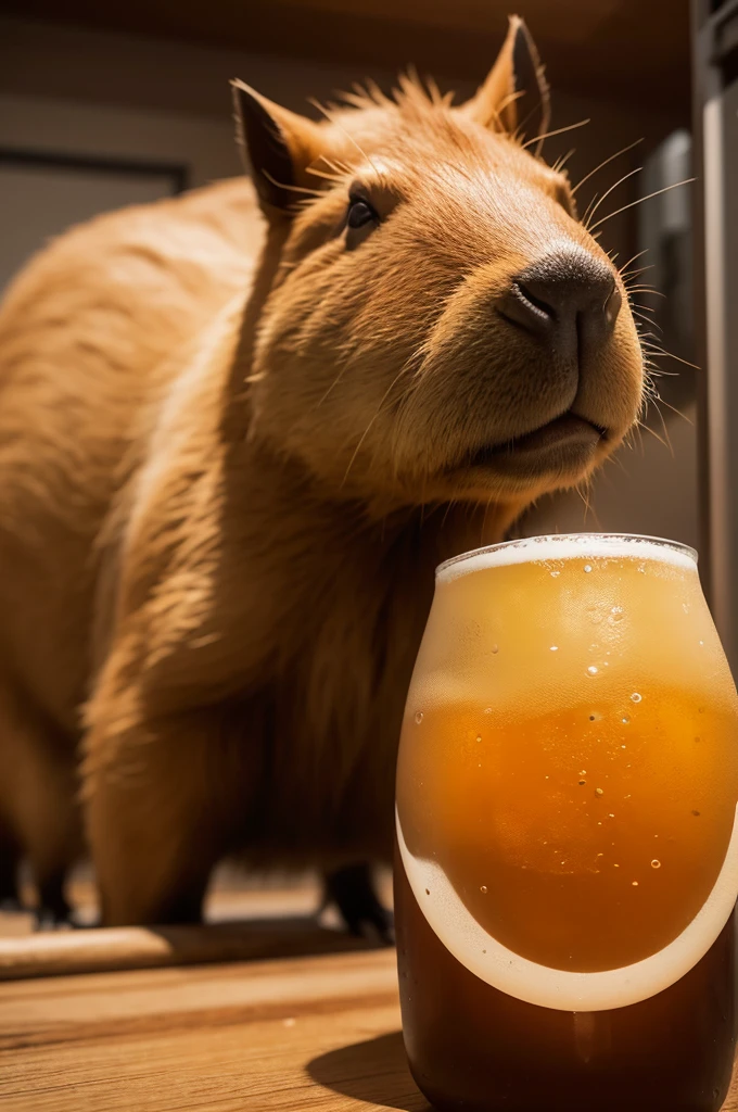 Make a realistic capybara with a beer