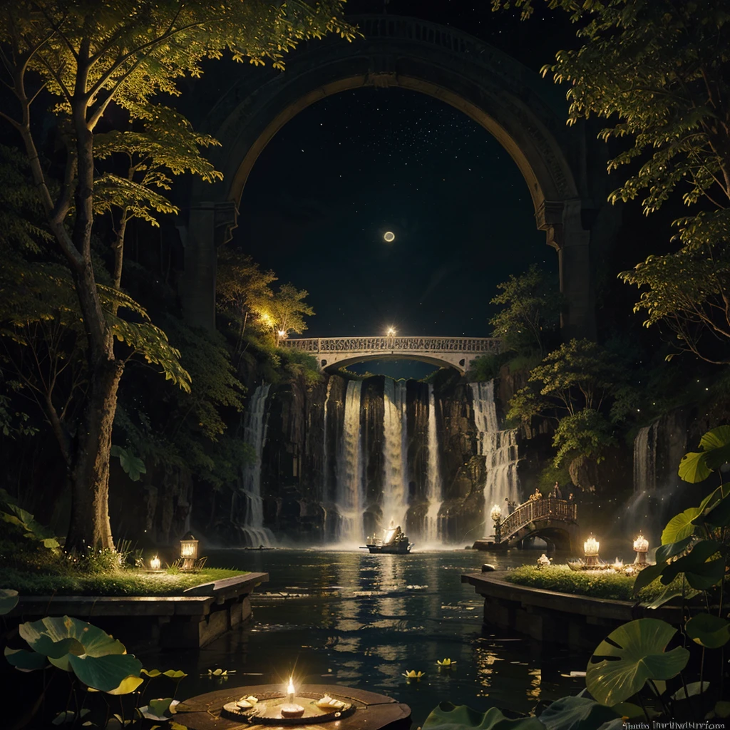 Full Moon Illustration and Waterfall, River boats, Lotus in river illustration, Candles floating on the river, The White Lotus of the Lotus, Bright yellow fireflies, Illustration of a vintage bridge near the river, Fantasy Art, Night theme, Dreamy art, hyperrealistic illustrations