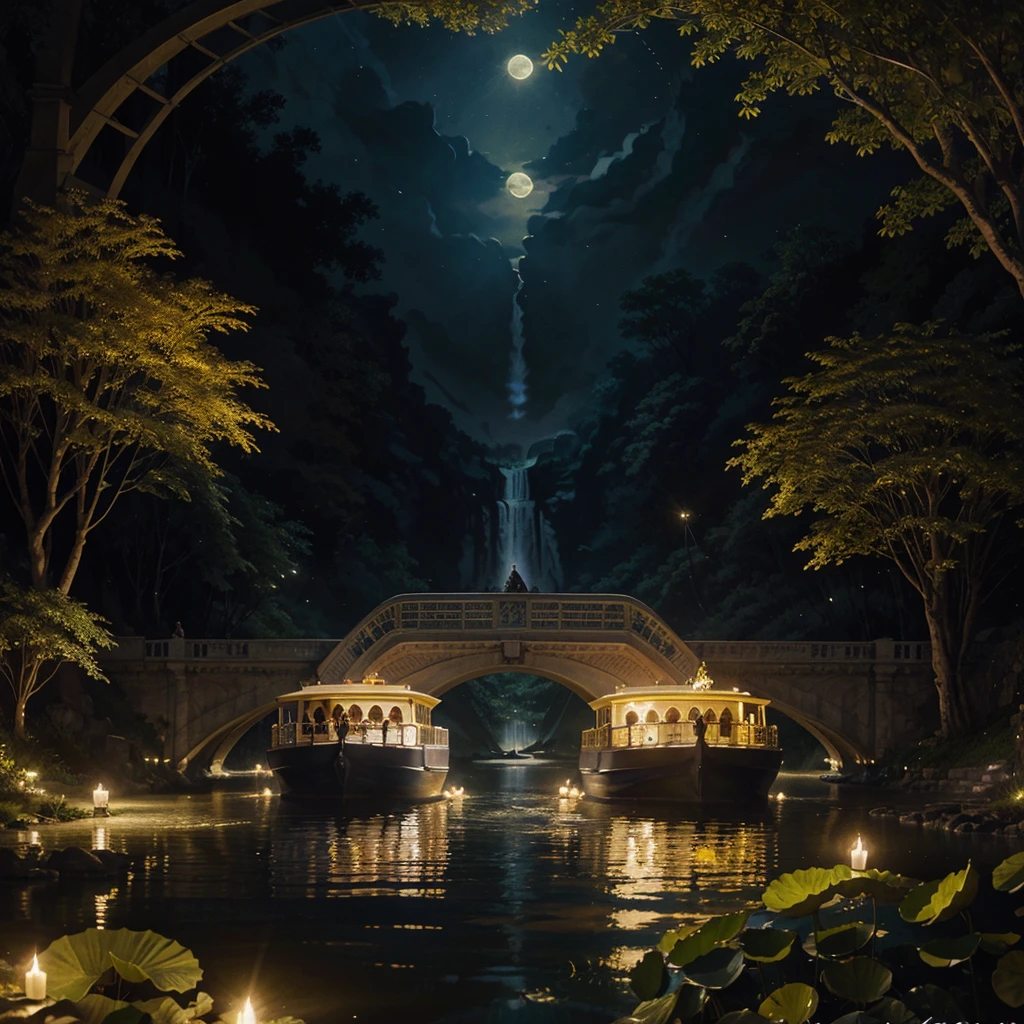 Full Moon Illustration and Waterfall, River boats, Lotus in river illustration, Candles floating on the river, The White Lotus of the Lotus, Bright yellow fireflies, Illustration of a vintage bridge near the river, Fantasy Art, Night theme, Dreamy art, hyperrealistic illustrations