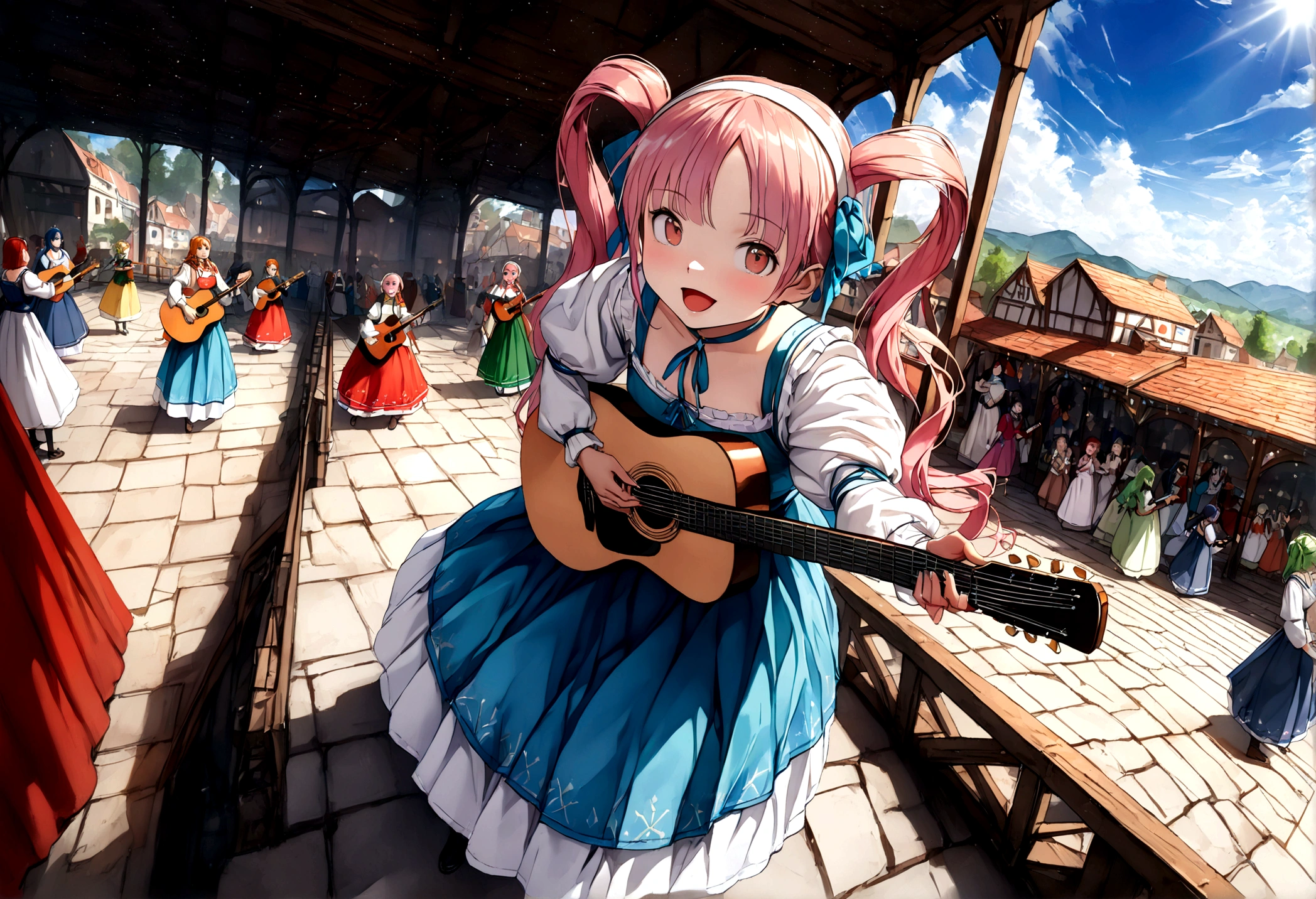anime, chibe, (((Top quality, 4k, 8k, high resolution, masterpiece: 1.2))), (super detailed), (realistic), (photorealistic), (photorealistic: 1.37), (HDR, UHD), (studio (lighting)), ultra-fine drawing, sharp focus, physically based rendering, highly detailed, professional, vibrant colors, perfect ditaile hand, highly detailed realistic eyes, anime, cartoon, multiple girls, A lot of girls, 48 girls, Medieval European clothing, Medieval European citizen clothing, (((Girls playing guitar))), Many girls dancing on the stage, Countryside, Village Festival Stage, festival, carnival, festival decoration, smile, open mouth, brown hair, black hair, green hair, pink hair, blue hair, blond, orange hair, long hair, Medium long hair, short hair, Twin tail hairstyle, braid hairstyle, ribbon, hair ornaments, hairband, white hairband, brown eyes, blue eyes, red eyes, black eyes, green eyes, Yellow Eyes, Mini skirt,thighhighs, Long skirt, socks, looking at viewer, (((Long shot, Panorama, Aerial view, Distant view))),