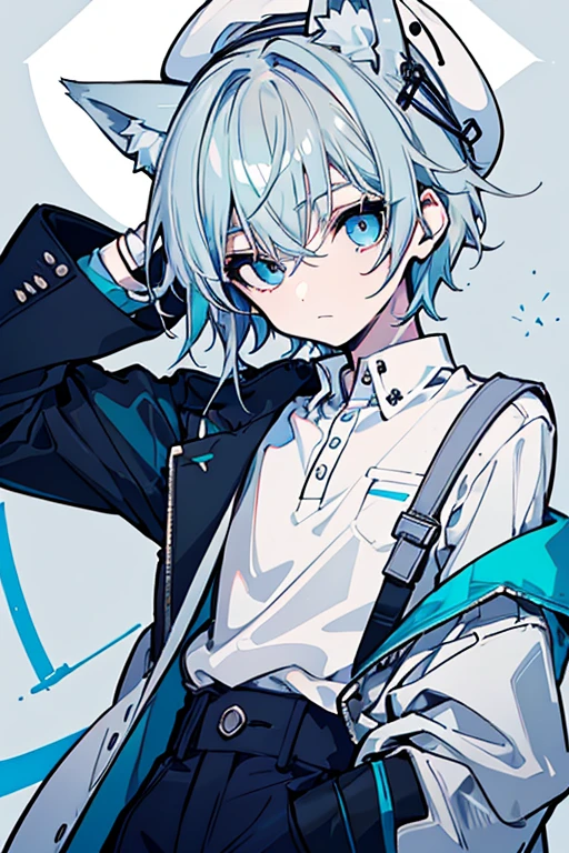 expressive eyes, perfect face, 1boy, young boy, young male, teenage boy, boy, male, masculine, boy, solo, (light shade hair, fox tail, fox ears, light blue grey hair, pale light blue gray hair, pale blue hair, bluish cyan hair), azure eyes, short bangs, big eyes, fox tail, arknights design, white polo, beret, beret hat, white beret hat, white beret, white polo shirt, overalls, jumper, overalls jumper, short hair, masculine look, young boy man