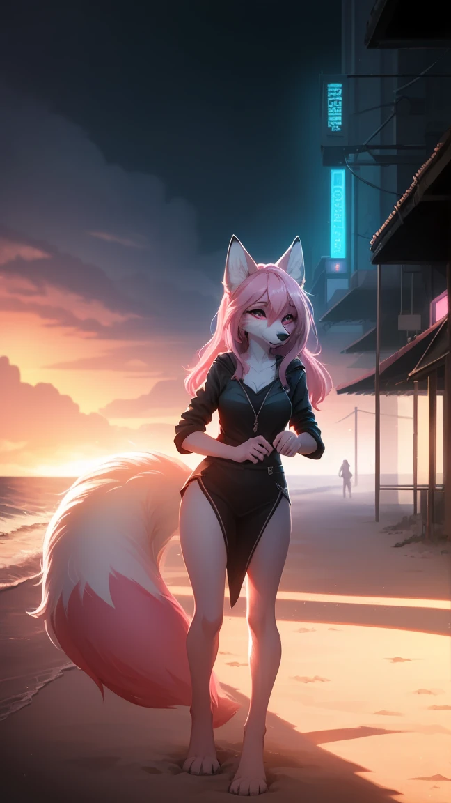 Cyberpunk fox, Beautiful light and shadow on the beautiful face with light pink hair、Ambient lighting on the beach、Ultrafine fur、Volumetric lighting is very detailed,Highest quality furry art,Big ,White shirt,y pose