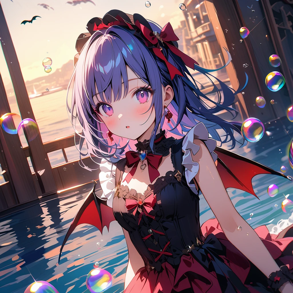 vampire、Girl with bat wings、(Lots of beautiful bubbles:1.4), break ,background\(Golden Hour,Very beautiful sea\((red:1,5)\),A knife sinking in the sea\), break ,quality\(8K,非常に精細なCGユニットのwallpaper, masterpiece,High resolution,top-quality,top-quality real texture skin,Surreal,Increase the resolution,RAW Photos,最高quality,Very detailed,wallpaper,Cinema Lighting,Ray-tracing,Golden Ratio\),Dynamic Angle,Bubbles close-up