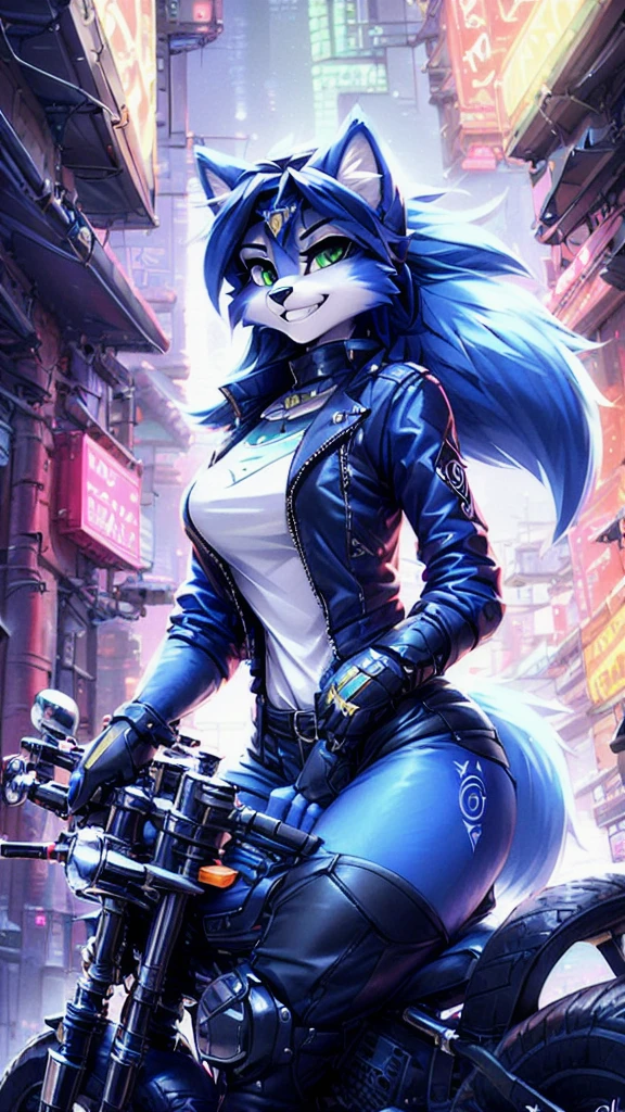 A beautiful and detailed (sweet portrait) wa ((Krystal)), Star Fox Krystal, sslim, lovable, green eyes, medium breasts, (((Long blue hair 1.3))),  ((black hair tips)), Decollete, grin, look up,, anthro, furry, Uploaded E621, detailed fluffy fur, (wa Fluff-Kevlar, Bayard Wu, Personalami, Pino Daeni), detailed face, (fluffy), 1 girl, alone, sweet girl, leather jacket, Rides motorcycle, executive station wagon, protective clothing, Cyberpunk City, chopper motorcycle, driving, dynamic
