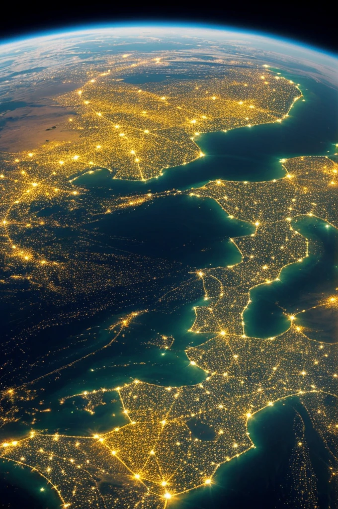 Une image féerique
représentant la terre vu de l'espace, avec des points lumineux sur terre, qui se rejoignent et forme un tissage lumineux