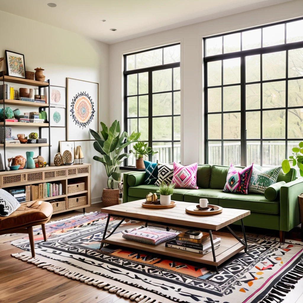 Design a bright and cozy living room featuring a mix of modern and eclectic decor. The room includes a green sofa with colorful throw pillows, a wooden coffee table, and a black and white patterned rug. The walls are adorned with various wall hangings and decorations, including a large tapestry and dreamcatchers. The space is well-lit with natural light coming through large windows, creating a warm and inviting atmosphere. Add a few small decorative items on the coffee table and shelves to enhance the cozy feel.