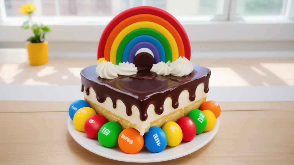 in the kitchen, in the fridge, on a white porcelain plate, a white square cream cake, colorful m&m's dragees around the cake, drops of chocolate ganache on the cake, cream clouds, a rainbow made of polymer clay, window light, bright lights, soft light, window light, professional lighting, light from the window, neat light, realistic texture, realistic style, detailed texture, high quality, high resolution, high quality rendering, realistic photo, brightning light, macro photo