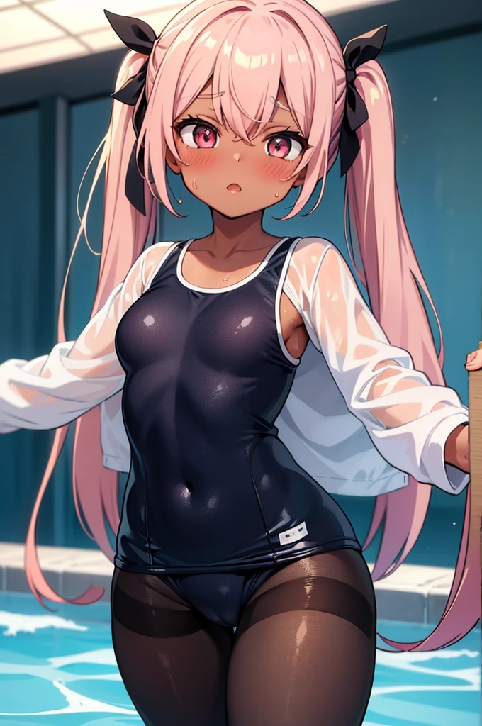 masterpiece, best quality, ultra detailed,,1girl, blush, sweat,  hair ribbon, twin tails, ((school swimsuit)), pantyhose, dark skin, slender, dynamic pose, pool