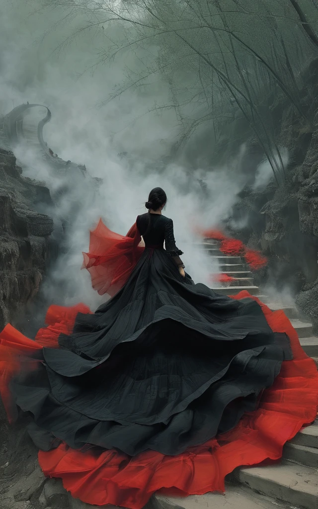 (masterpiece, best quality:1.2), 1girl, solo，front view，walking down a hell，walkwoman in black and red