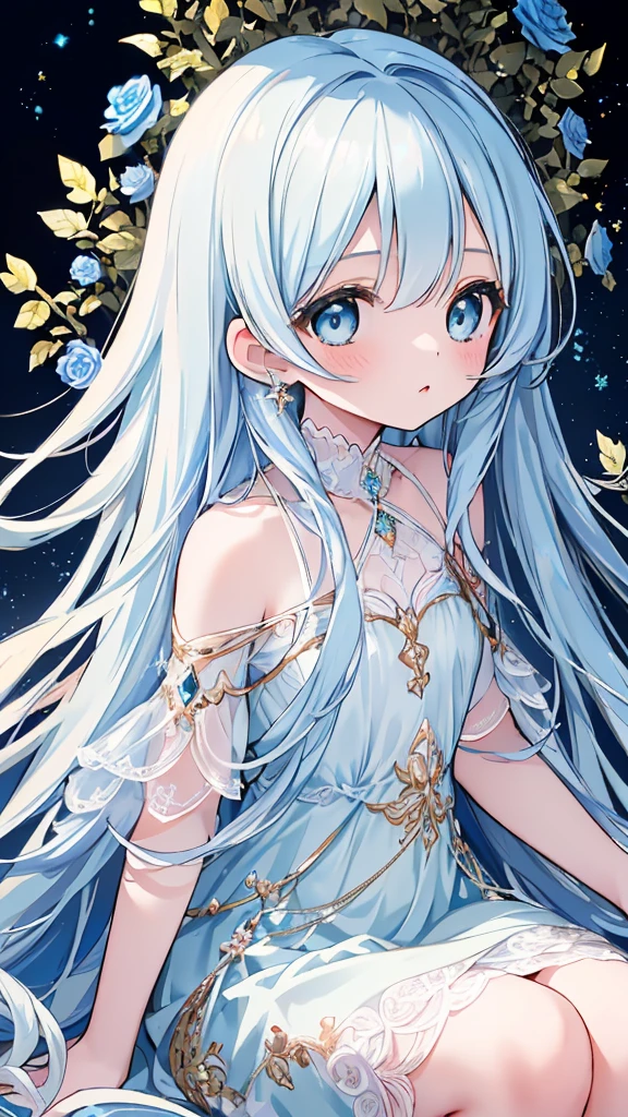 masterpiece, best quality, extremely detailed, (illustration, official art:1.1), 1 girl ,(((( light blue long hair)))), ,(((( light blue long hair)))),light blue hair, long hair ((blush)) , cute face, big eyes, masterpiece, best quality,(((((a very delicate and beautiful girl,))))),Amazing,beautiful detailed eyes,blunt bangs、((((little delicate girl)))),tareme(true beautiful:1.2), sense of depth,dynamic angle, ,Baby Face,flat chest,,((a close body portrait of an attractive beautiful goddess sitting beside many blue rose flowers)), ((dressed in a long linen blue dress with decorations of crystal light blue pieces of jewelry and white flower pin to her hair.)) she has blue crystal eyes and long light blue hair sliding straight down her back)), (capture the scene and the ethereal grace of her surroundings, blue rose flowers, wearing diamond crystal earrings, and the blue stars up the far sky), best lighting effects, high quality, best quality, sharp focus, hyperdetailed, 8K, vibrant colors
,
(Gold Leaf Background:1.4)
steam,
Lily flower,
rose, Gypsophila, Marigold,
Flowing Clouds,
(Twilight),
、