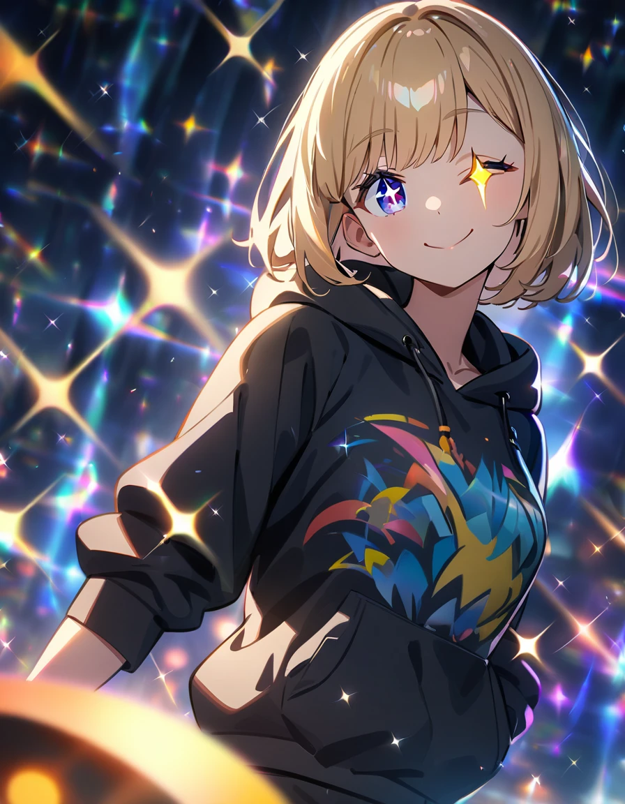 (((One girl))), blond hair, bob cut, (looking at viewer), breasts, teenager, head tilt:1.3, (((blue eye))), (from side), hand in pocket, ((happy smile)), black hoodie, black shorts, (one eye closed, ;>), (((sparkle in the eye:1.8))), ((upper body)), anime style, (best quality, 4k, 8k, highres, masterpiece:1.2), ultra-detailed, ultra-detailed eyes, HDR, UHD, studio lighting, ultra-fine painting, sharp focus, physically-based rendering, extreme detail description, professional, vivid colors, bokeh)