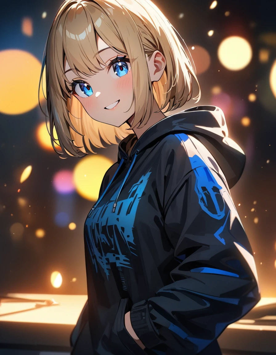 (((One girl))), blond hair, bob cut, (upper body), (looking at viewer), breasts, teenager, head tilt:1.3, (((blue eye))), (from side), hand in pocket, ((happy smile)), black hoodie, black shorts, anime style, (best quality, 4k, 8k, highres, masterpiece:1.2, ultra-detailed, ultra-detailed eyes, HDR, UHD, studio lighting, ultra-fine painting, sharp focus, physically-based rendering, extreme detail description, professional, vivid colors, bokeh)