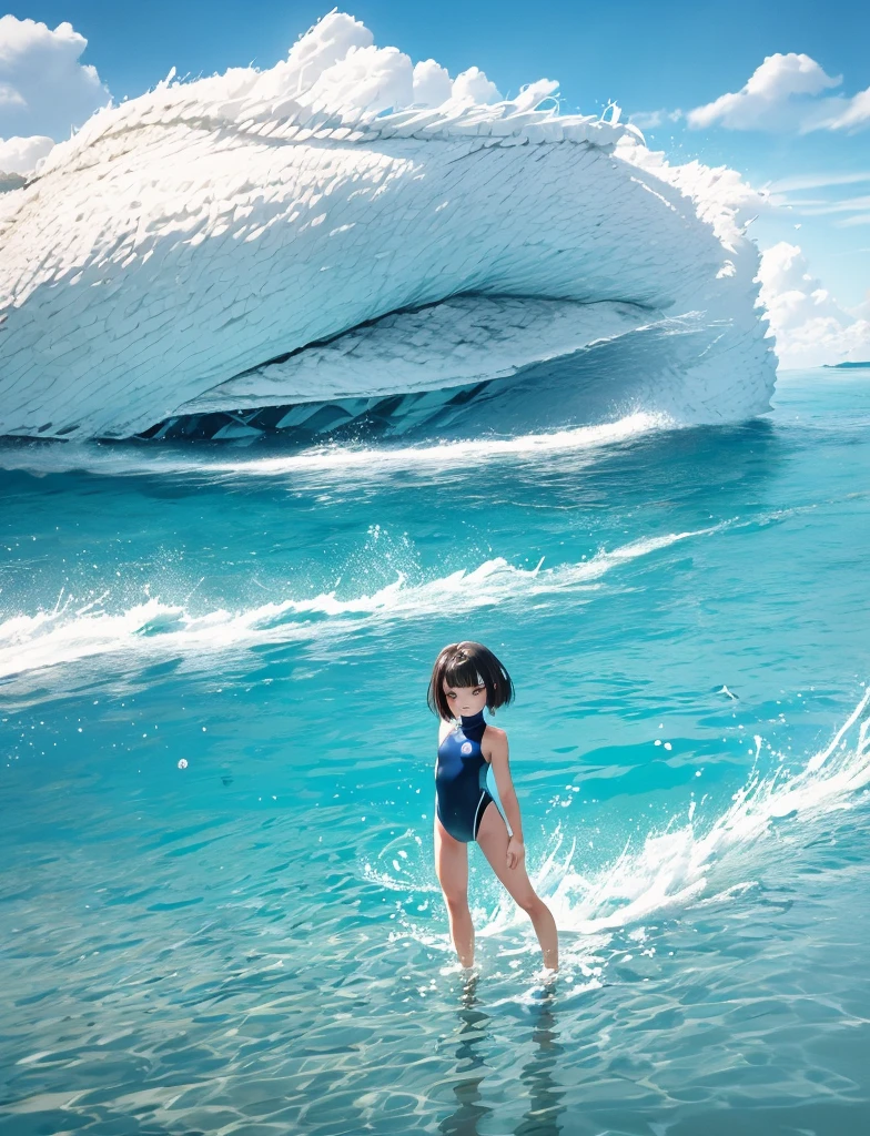 Highest quality、High resolution、Detailed Background、(Beautiful face in every detail:1.4)、Anatomically correct、(Detailed facial expressions)、(fine grain:1.2)、age Beauty、Cute hair color、Braided bob cut、Junior competitive swimmer, ((Turtleneck one piece swimsuit)), Simple design without patterns, Clear metallic green swimsuit, Small breasts、Perfect body line、((Full Body Shot)), View your audience, Poolside, Wet Skin, School swimming pool、 I'm tired from practice and a little sleepy., Embarrassed laugh, A kind smile、Fun atmosphere、Cute gestures