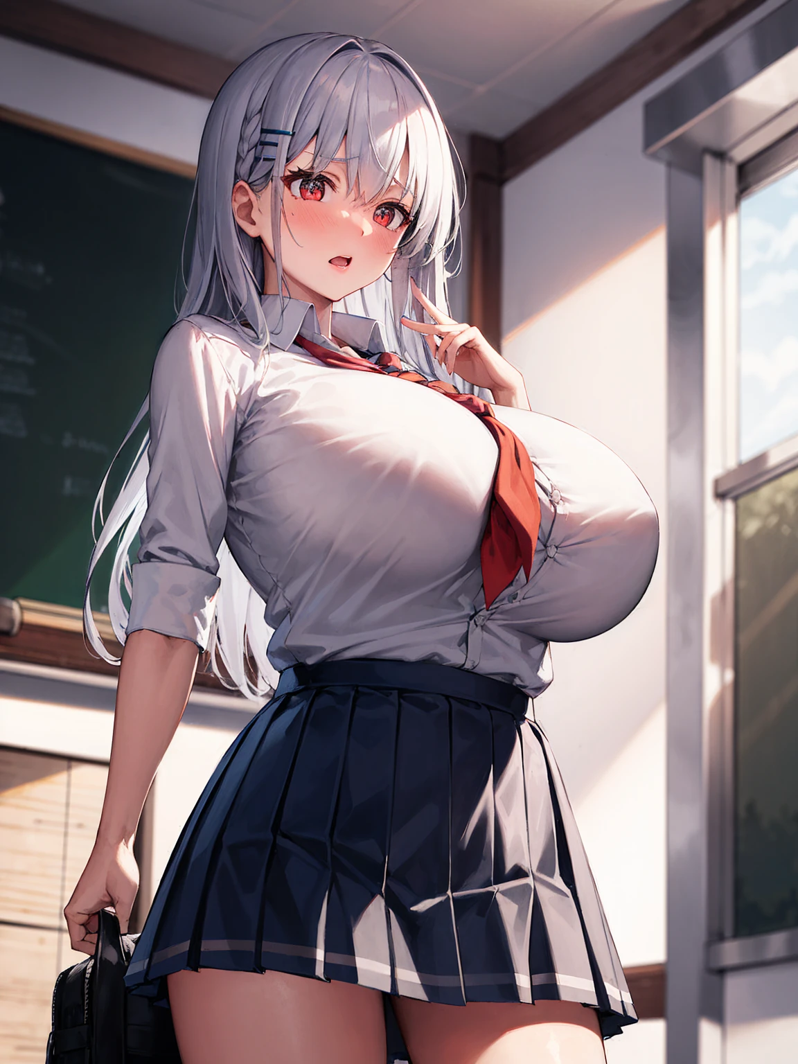 masterpiece, best quality, ultra highres, solo, (skinny body, thin body, narrow hip:1.3), narrow waist, skinny thighs, red eyes, sparkling pupils!, white hair, braid, hairclip, (gigantic sagging breasts, gigantic breasts:1.4), (school uniform, dress shirt, pleated skirt:1.7), short sleeve shirt, blue shirt, bow, classroom, cowboy shot, standing, (from above:0.7), bashful, surprised!,