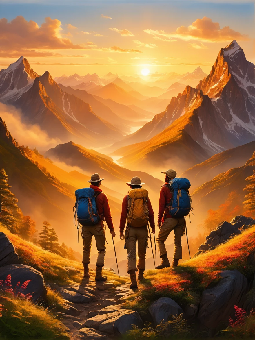 An expressive image that captures the emotion of an adventure filled with heartfelt moments. Imagine a scene where a group of explorers of various descents and genders experiencing a beautiful sunrise after a tough hike. They are standing at the mountain peak, their faces glow with joy and satisfaction. They are closer than ever, their bond forged by shared hardships and little victories. In the background, the rising sun casts a warm, golden light on the surrounding landscape, painting an exquisite picture of natural beauty and tranquility. There is a sense of accomplishment and deep connection between the adventurers, a moment they will cherish forever