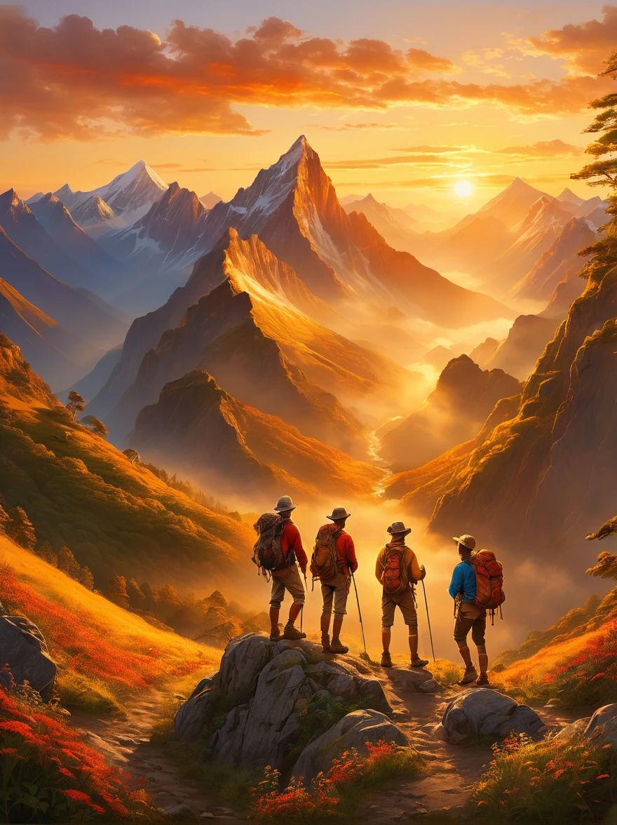 An expressive image that captures the emotion of an adventure filled with heartfelt moments. Imagine a scene where a group of explorers of various descents and genders experiencing a beautiful sunrise after a tough hike. They are standing at the mountain peak, their faces glow with joy and satisfaction. They are closer than ever, their bond forged by shared hardships and little victories. In the background, the rising sun casts a warm, golden light on the surrounding landscape, painting an exquisite picture of natural beauty and tranquility. There is a sense of accomplishment and deep connection between the adventurers, a moment they will cherish forever